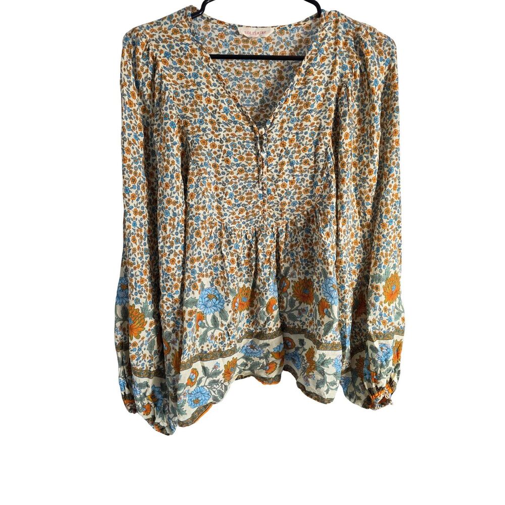 Solitaire Boho Floral Ditsy Border Print Peasant Blouse Orange Blue Balloon L